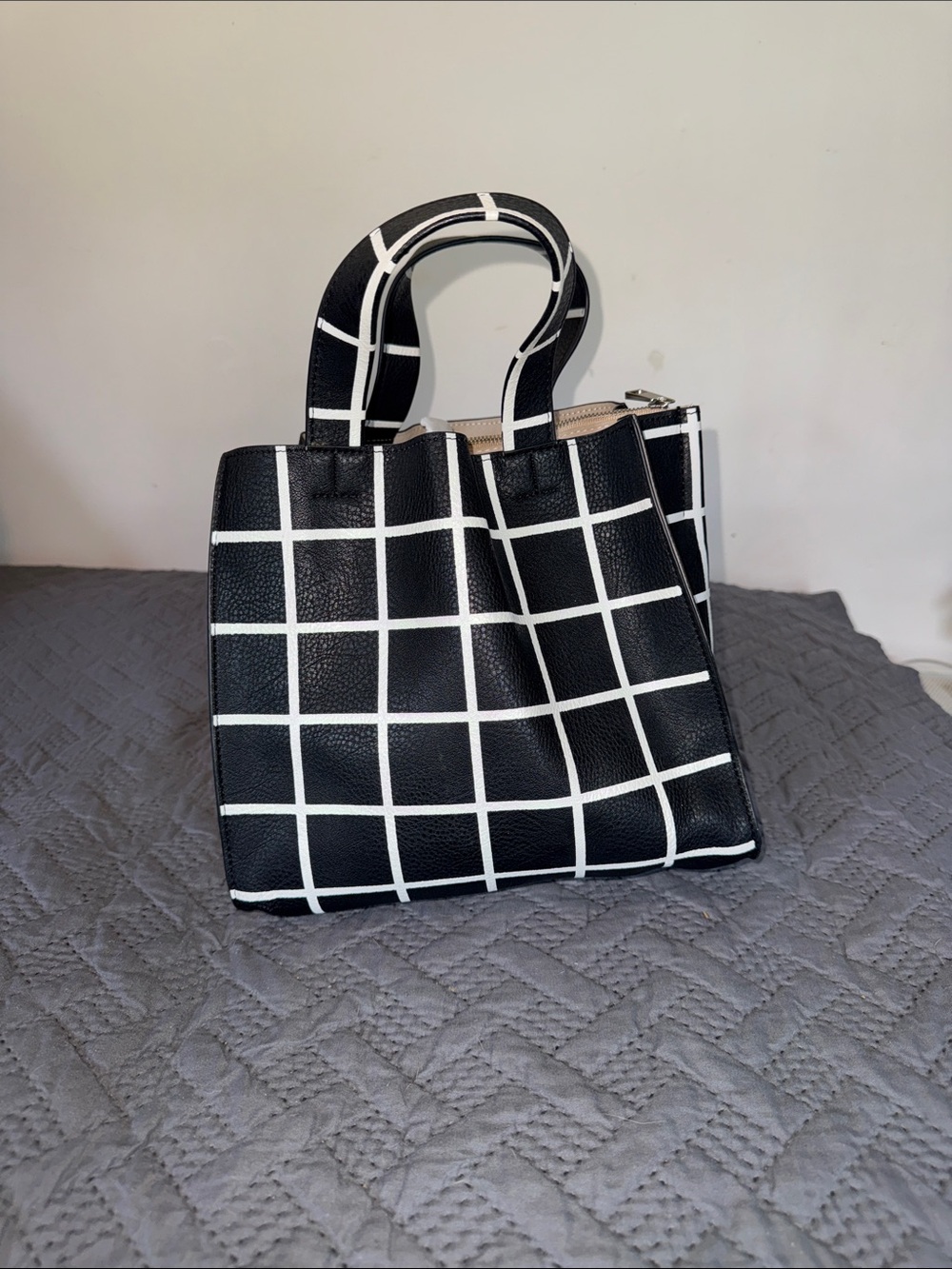 Black Grid-Print Tote with White Windowpane